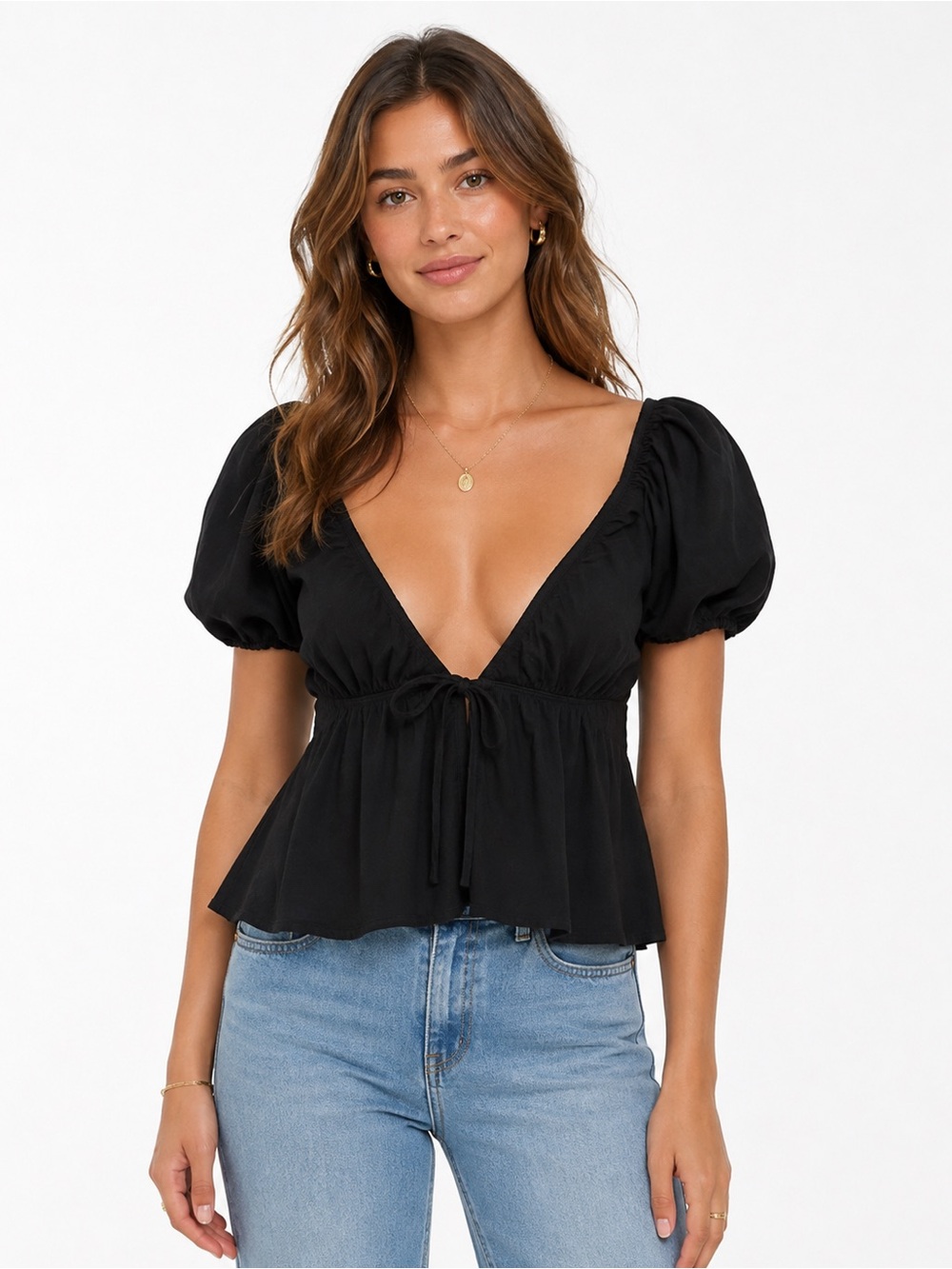 Aritzia Sunday Best Black Tie Front Puff Sleeve Babydoll Top M 96887